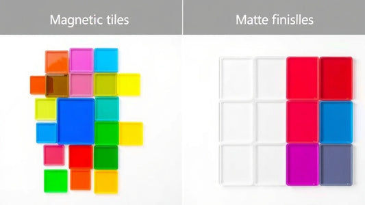 Magnetische tegels vergelijking transparant en mat naast elkaar