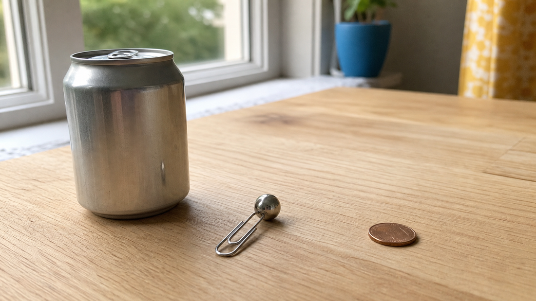 Zilveren magneetballetje plakt aan een stalen paperclip, terwijl een aluminium blikje en een koperen muntje niet reageren op een houten tafel