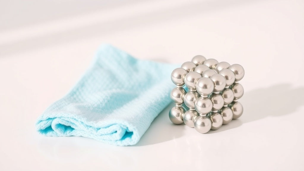 Magneet balletjes schoonmaken met microvezeldoek naast zilveren kubus