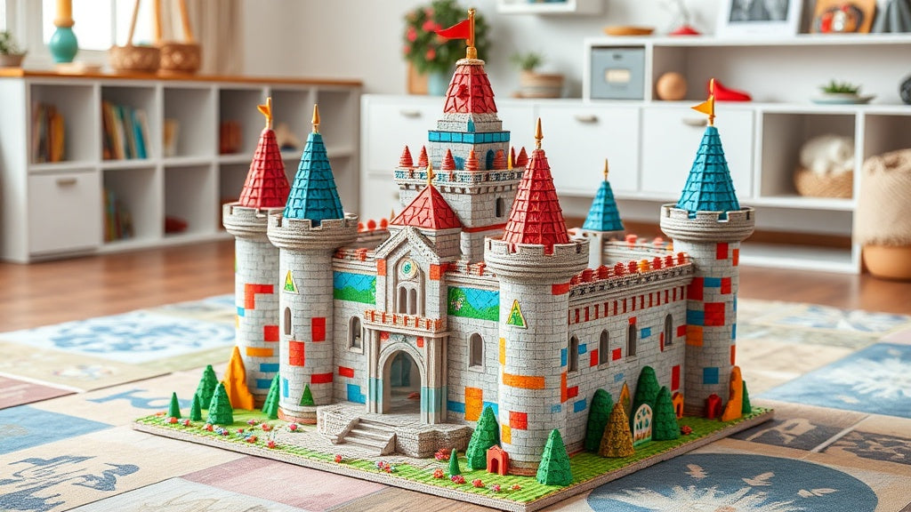 Kasteel gebouwd van kleurrijke magnetische tegels in speelkamer