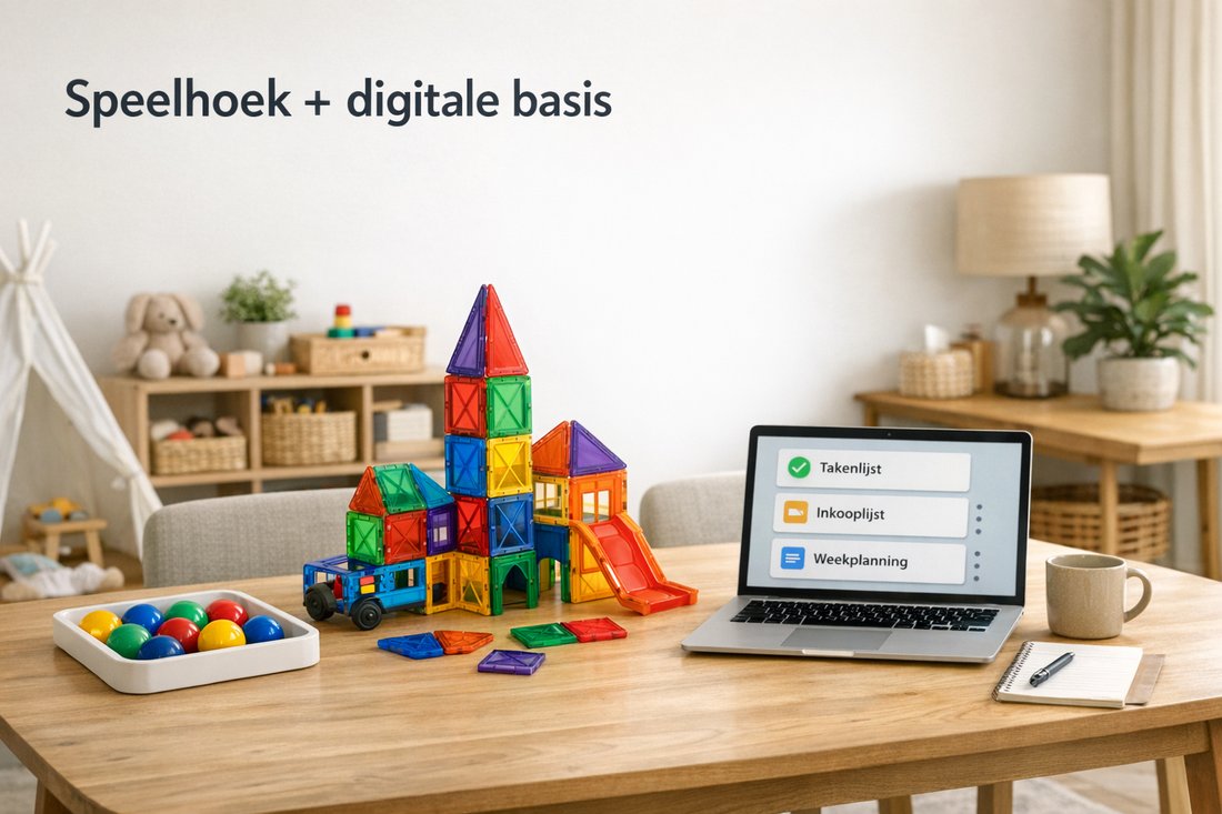 Speelhoek met magnetisch speelgoed en digitale checklist