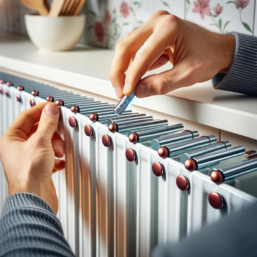 Magneten worden op de achterkant van de radiator bevestigd om radiatorfolie aan te brengen