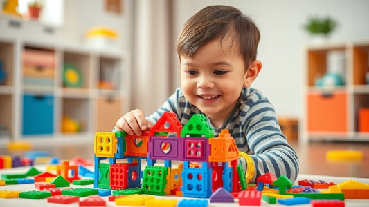 Kind van 4 jaar speelt met magnetische tegels en bouwt een huis