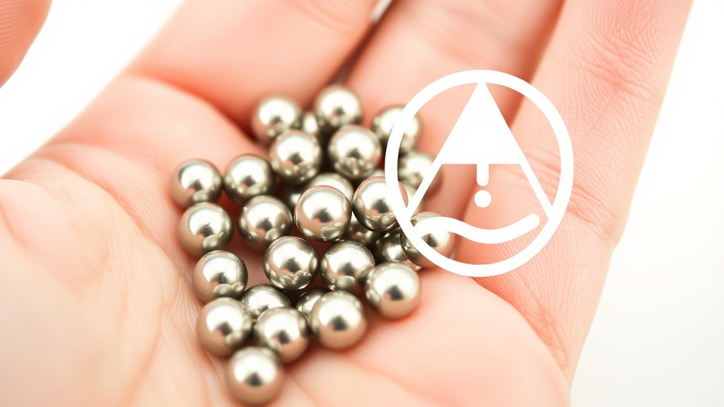 Magneet balletjes in volwassen hand met veiligheidswaarschuwing