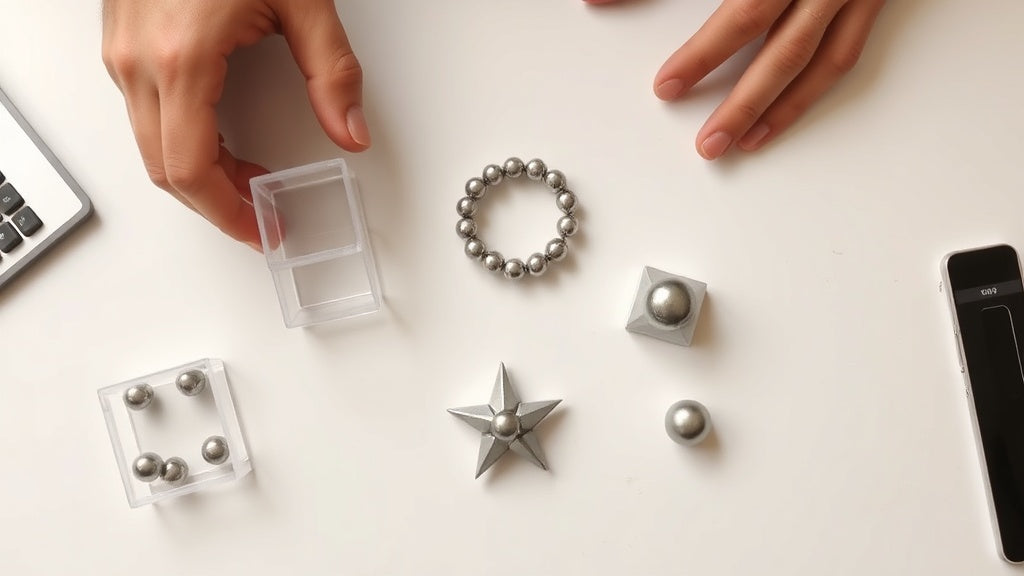 Handen die eenvoudige vormen maken met magneet balletjes op wit bureau