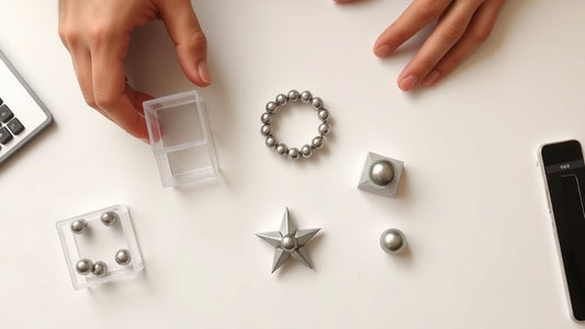Handen die eenvoudige vormen maken met magneet balletjes op wit bureau