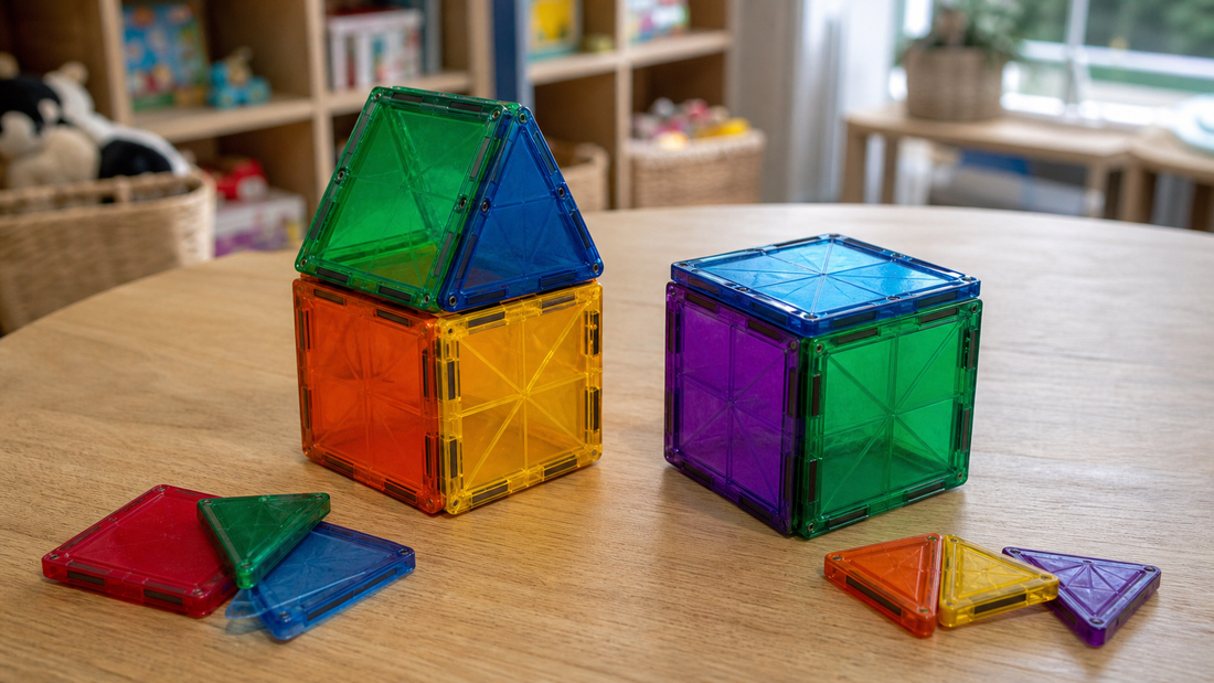 Twee bouwwerkjes van doorschijnende gekleurde magnetische tegels, een huisje en een kubus, met losse tegels ernaast op een houten tafel