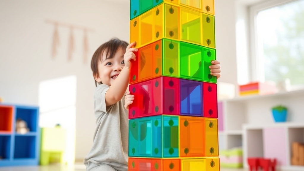 Kind bouwt toren met magnetische tegels