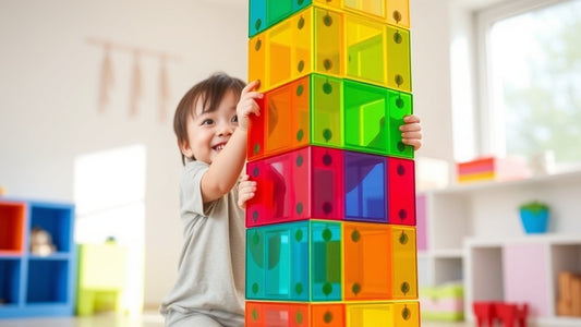 Kind bouwt toren met magnetische tegels