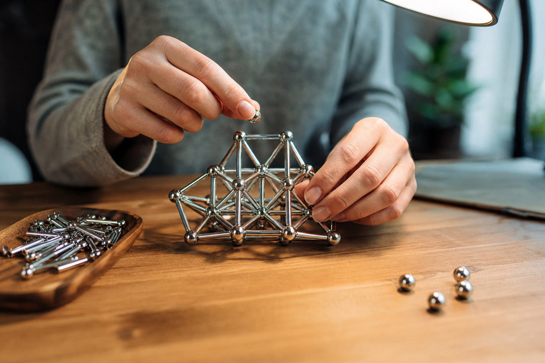 Handen bouwen een geometrische constructie van magnetische balletjes en staafjes als puzzel op een houten bureau