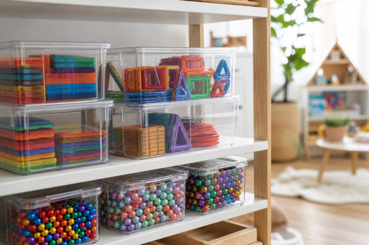 Transparante opbergbakken met magnetische tegels en magneetballetjes netjes op een schap in een speelkamer