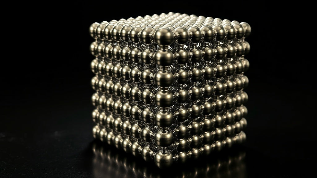 Kubus van 1000 magneet balletjes op bureau