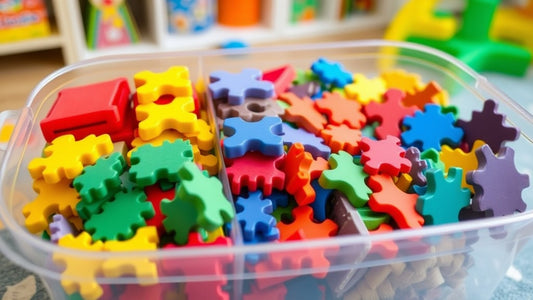 Magnetische tegels netjes opgeborgen in een doorzichtige opbergdoos