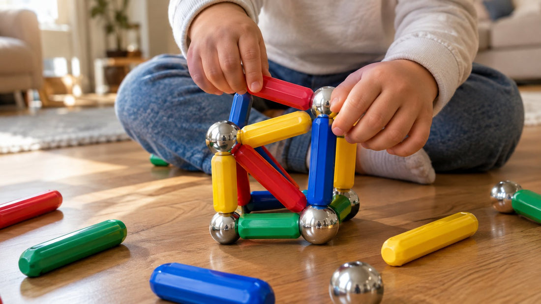 Peuter bouwt op een houten vloer met dikke gekleurde magnetische staven en stalen bollen