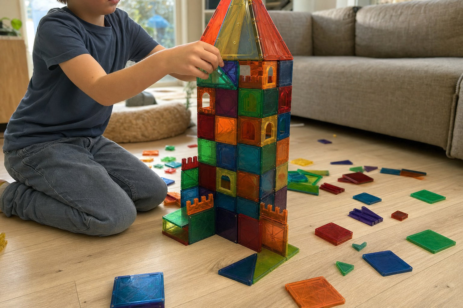 Kind bouwt een kasteel van magnetische tegels en blokken op de vloer