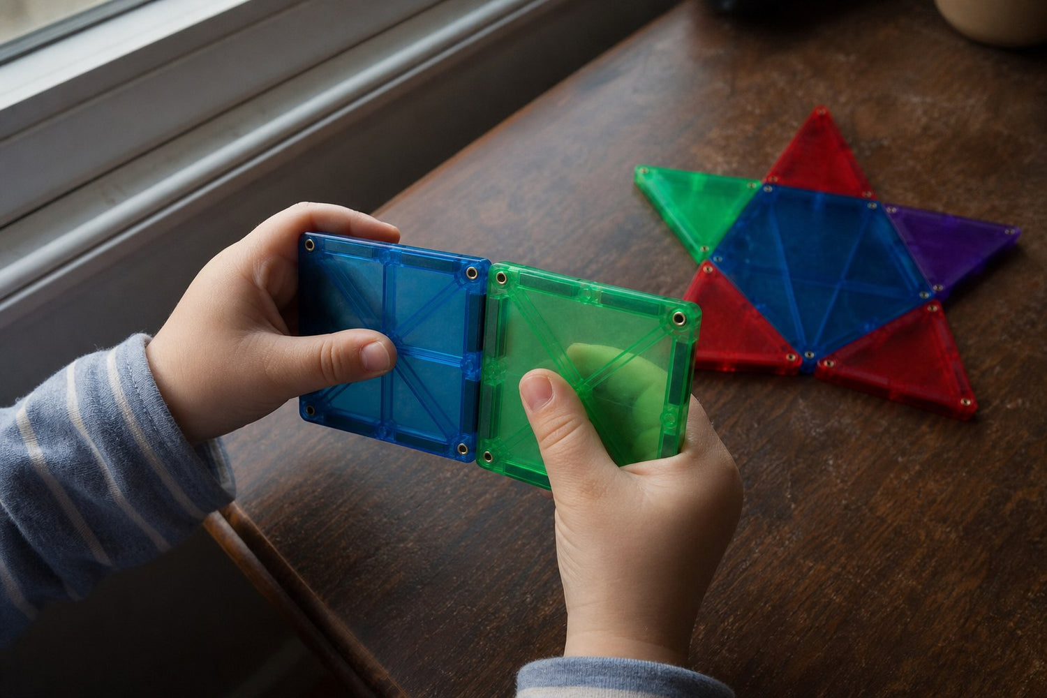 Peuter klikt twee magnetische tegels op elkaar aan tafel